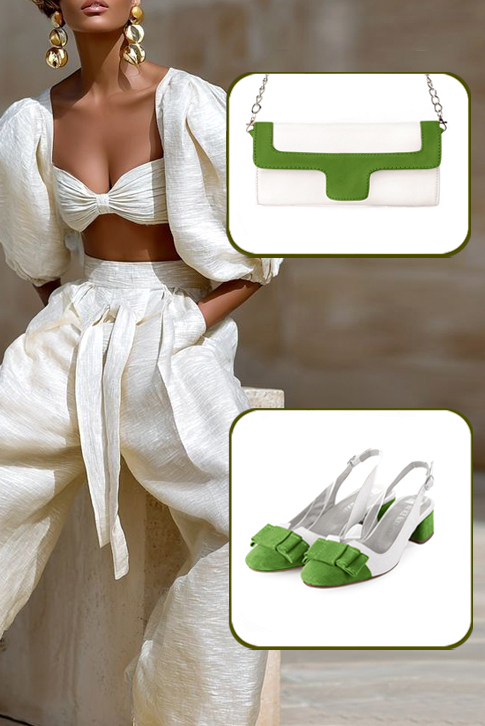 Women's grass green and pure white elegant slingback heels, with a bow on the front. Round toe. Low flare heels - Worn view